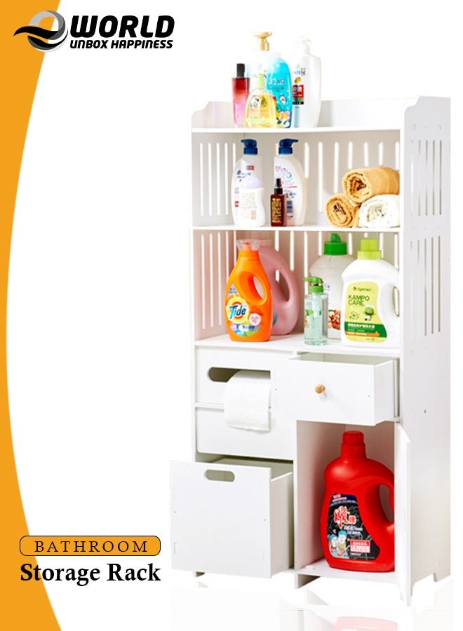 Eworld Waterproof White PVC Floor Cabinet Organizer, Stylish Storage Solution Featuring Shelves, Drawer, Tissue Holder, and Door for Bathroom, Kitchen, Living Room, or Bedroom Accessories, Available in 4 Sizes - Image 1