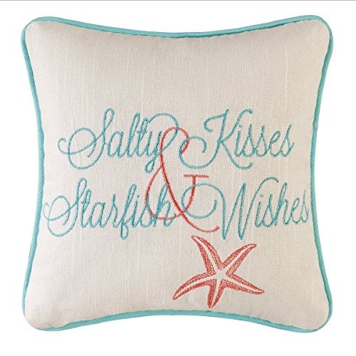 C&F Home Salty Kisses Starfish Wishes Embroidered Cotton Small/Petite Accent Pillow 10" x 10" All Seasons Summer Beach House Inspirational Quote Ocean Coastal Home Living Room Sofa Couch Chair Bed - Image 1