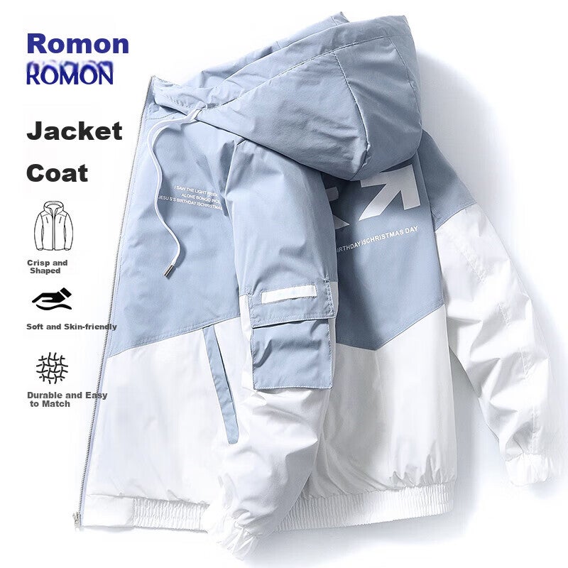 JD Jing Zao ROMON Men's Spring Jacket Hooded Casual Colorblock Coat Light Blue M - Image 1
