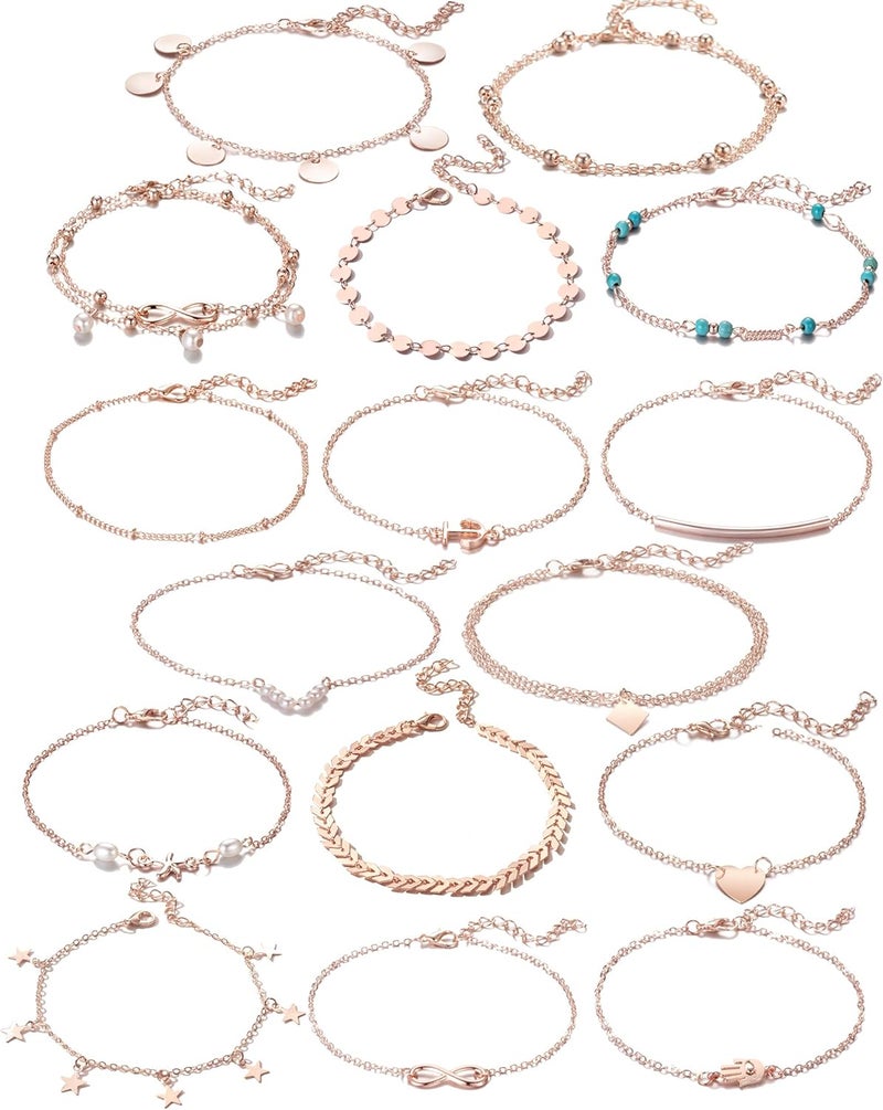 Softones 16Pcs Ankle Bracelets for Women Gold Silver Two Style Chain Beach Anklet Bracelet Jewelry Anklet Set,Adjustable Size - Image 1