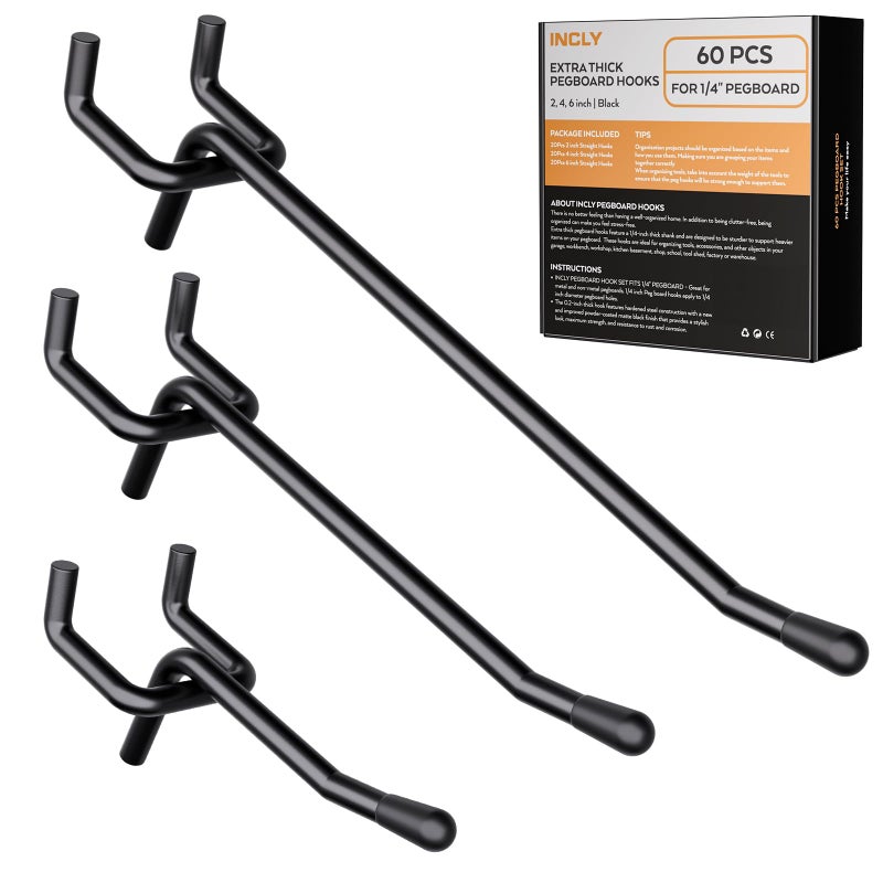 INCLY 60 Pack 2/4/6 Inch Black Pegboard Hooks, 1/4" Heavy Duty Peg Board Shelving Hooks Accessories, Peg Board Tool Hangers Fit for 1/4" Pegboard Hanging Tools Garage, Craft Organizing, Kitchen, Store - Image 1