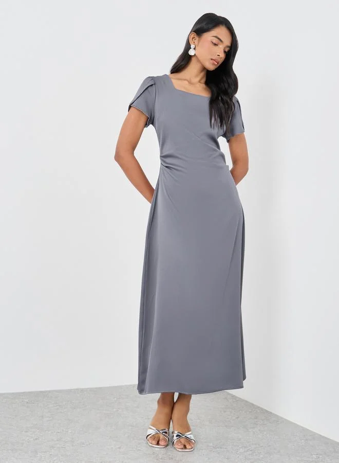 تايك تو Take Two Solid Short Sleeve Square Neck Midi Dress