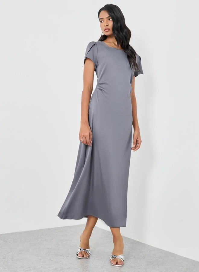 تايك تو Take Two Solid Short Sleeve Square Neck Midi Dress