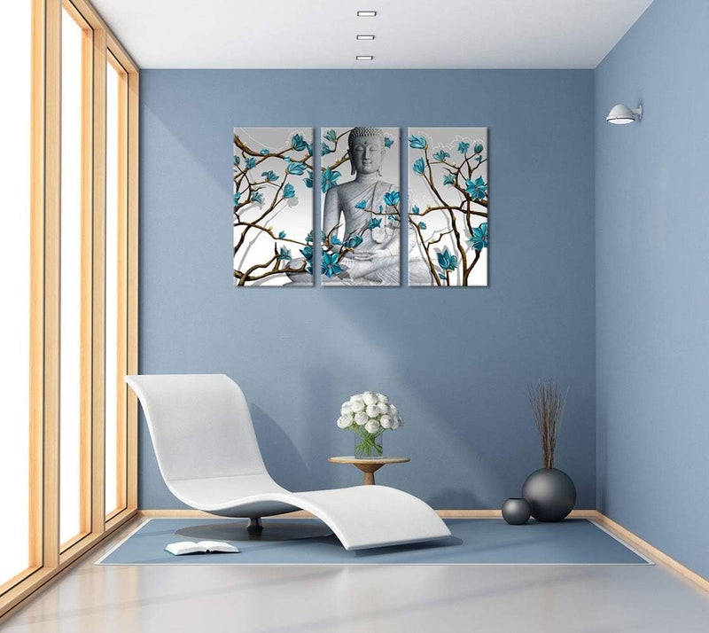 Visual Art Decor 3-Piece Buddha Wall Art with Blue Flowers - Image 3