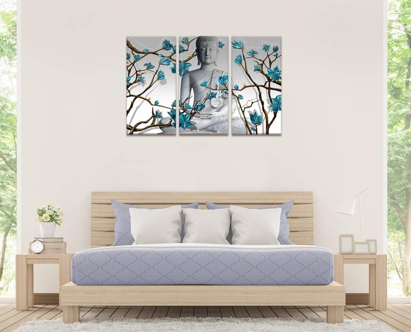 Visual Art Decor 3-Piece Buddha Wall Art with Blue Flowers - Image 4
