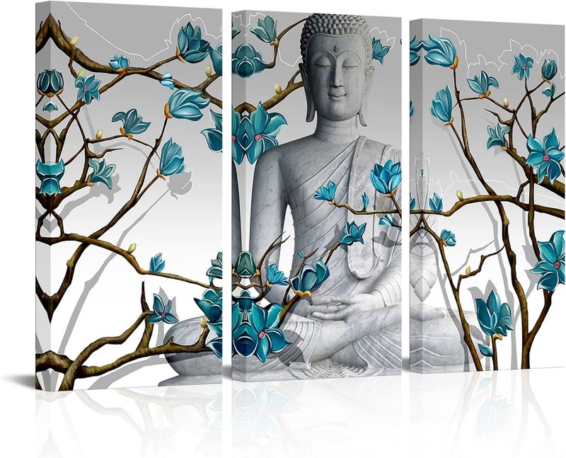 Visual Art Decor 3-Piece Buddha Wall Art with Blue Flowers - Image 1