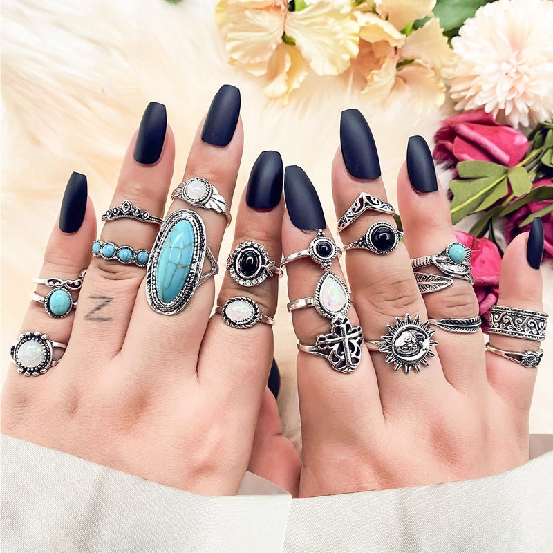 17IF 19 Pcs Vintage Silver Knuckle Rings Set for Women Turquoise Bohemian Black Crystal Colorful Stone Rings Aesthetic Grunge Stackable Gothic Ring Adjustable Punk Bulky Boho Finger Alt of Ring Pack - Image 5