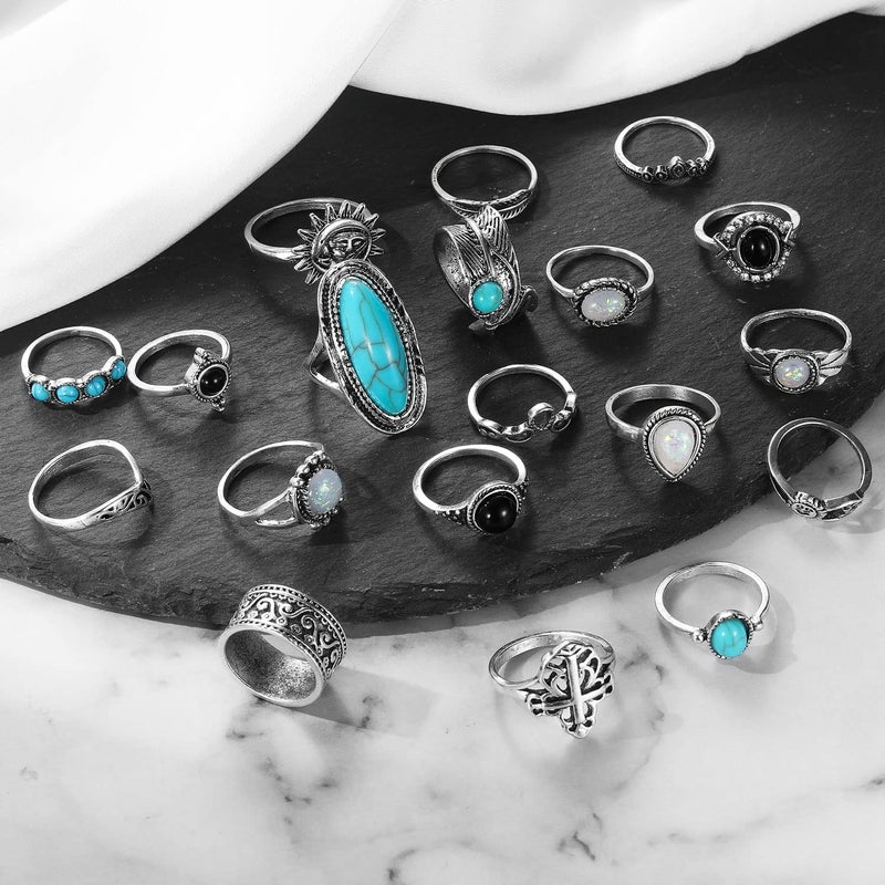 17IF 19 Pcs Vintage Silver Knuckle Rings Set for Women Turquoise Bohemian Black Crystal Colorful Stone Rings Aesthetic Grunge Stackable Gothic Ring Adjustable Punk Bulky Boho Finger Alt of Ring Pack - Image 4