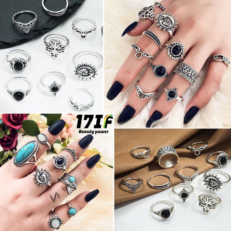 17IF 19 Pcs Vintage Silver Knuckle Rings Set for Women Turquoise Bohemian Black Crystal Colorful Stone Rings Aesthetic Grunge Stackable Gothic Ring Adjustable Punk Bulky Boho Finger Alt of Ring Pack - Image 3