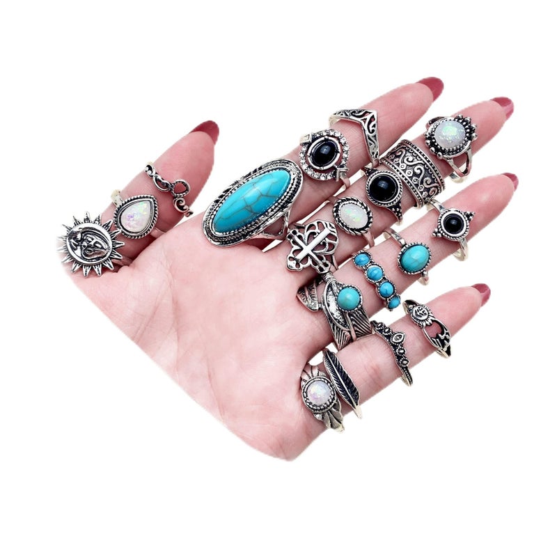17IF 19 Pcs Vintage Silver Knuckle Rings Set for Women Turquoise Bohemian Black Crystal Colorful Stone Rings Aesthetic Grunge Stackable Gothic Ring Adjustable Punk Bulky Boho Finger Alt of Ring Pack - Image 1