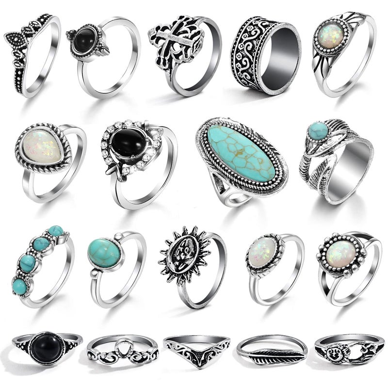 17IF 19 Pcs Vintage Silver Knuckle Rings Set for Women Turquoise Bohemian Black Crystal Colorful Stone Rings Aesthetic Grunge Stackable Gothic Ring Adjustable Punk Bulky Boho Finger Alt of Ring Pack - Image 2