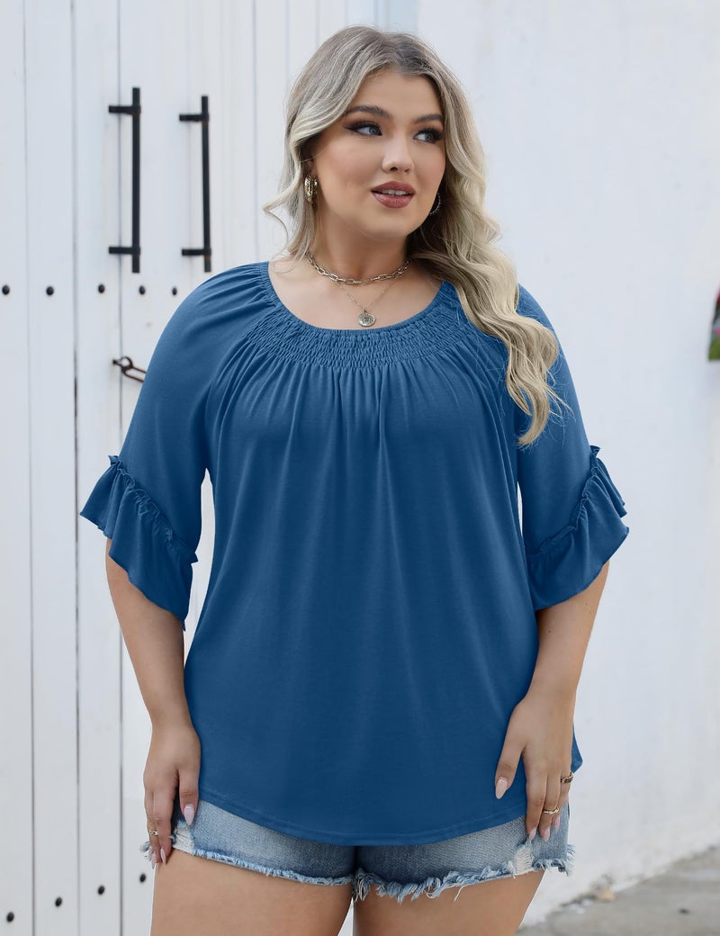 Micoson Plus Size 3/4 Sleeve Tops for Women Half Sleeve Shirts Dressy Casual Crewneck Tunics Plus Work Tops Business Elegant Top Navy Blue - Image 5