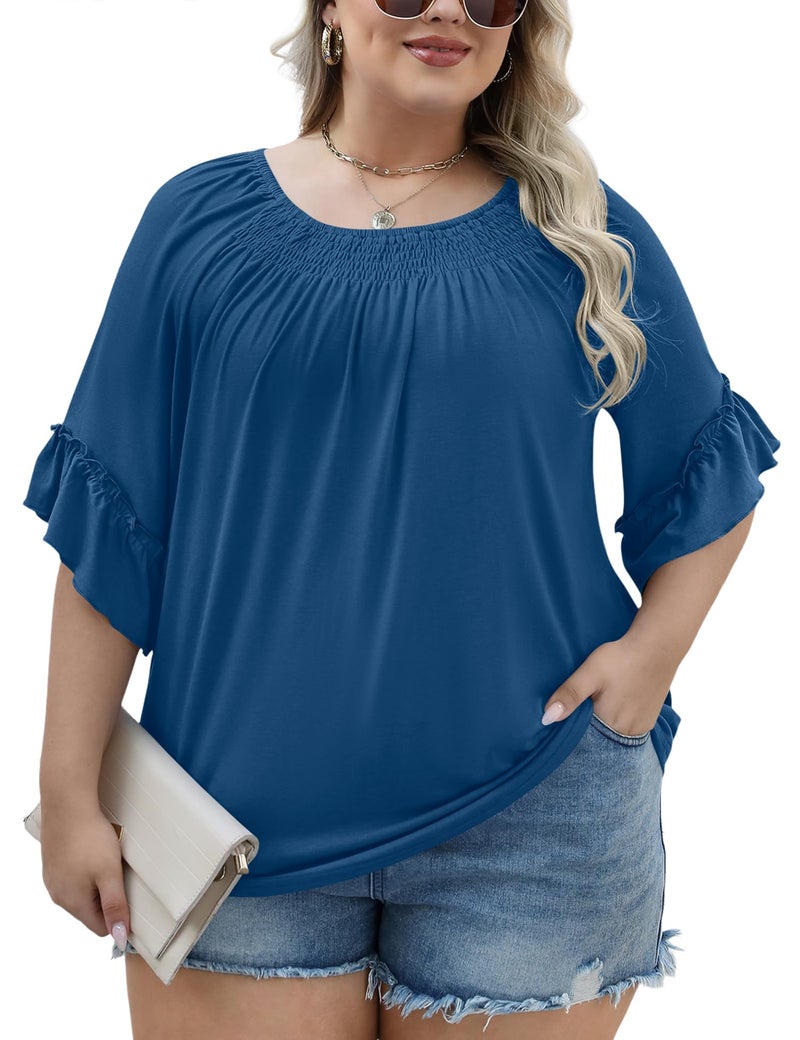 Micoson Plus Size 3/4 Sleeve Tops for Women Half Sleeve Shirts Dressy Casual Crewneck Tunics Plus Work Tops Business Elegant Top Navy Blue - Image 4