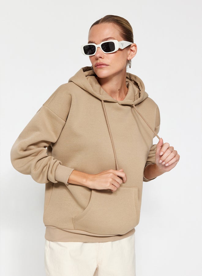 trendyol Mink Thick Fleece Inside Oversize/Wide Fit Hooded Basic Knitted Sweatshirt - Image 1
