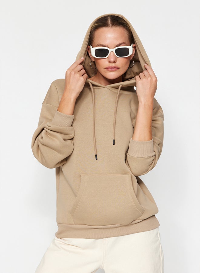 trendyol Mink Thick Fleece Inside Oversize/Wide Fit Hooded Basic Knitted Sweatshirt - Image 3