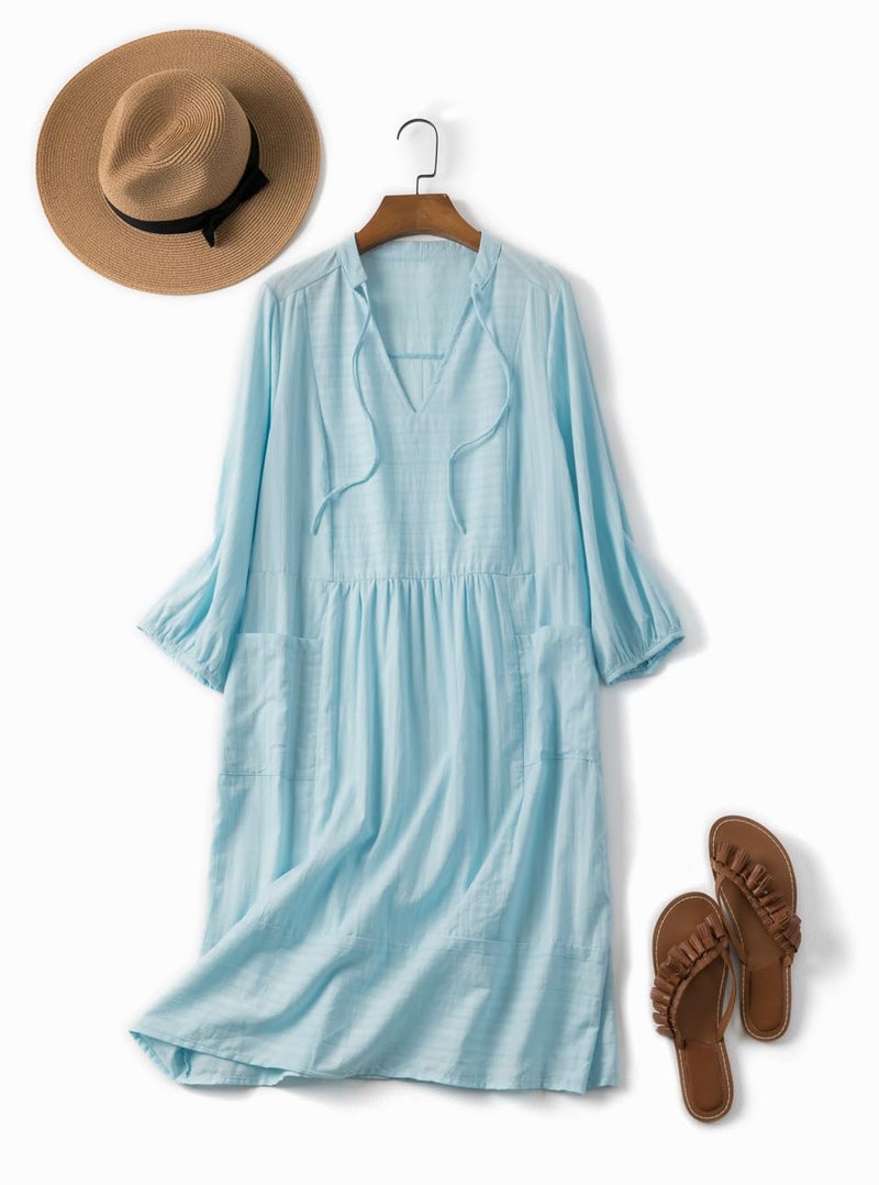 Lafural Womens V Neck Cotton Casual Loose Shift Tunic Smock Summer Dresses Vacation Dress 3/4 Sleeve Pocket Blue 2XL - Image 1