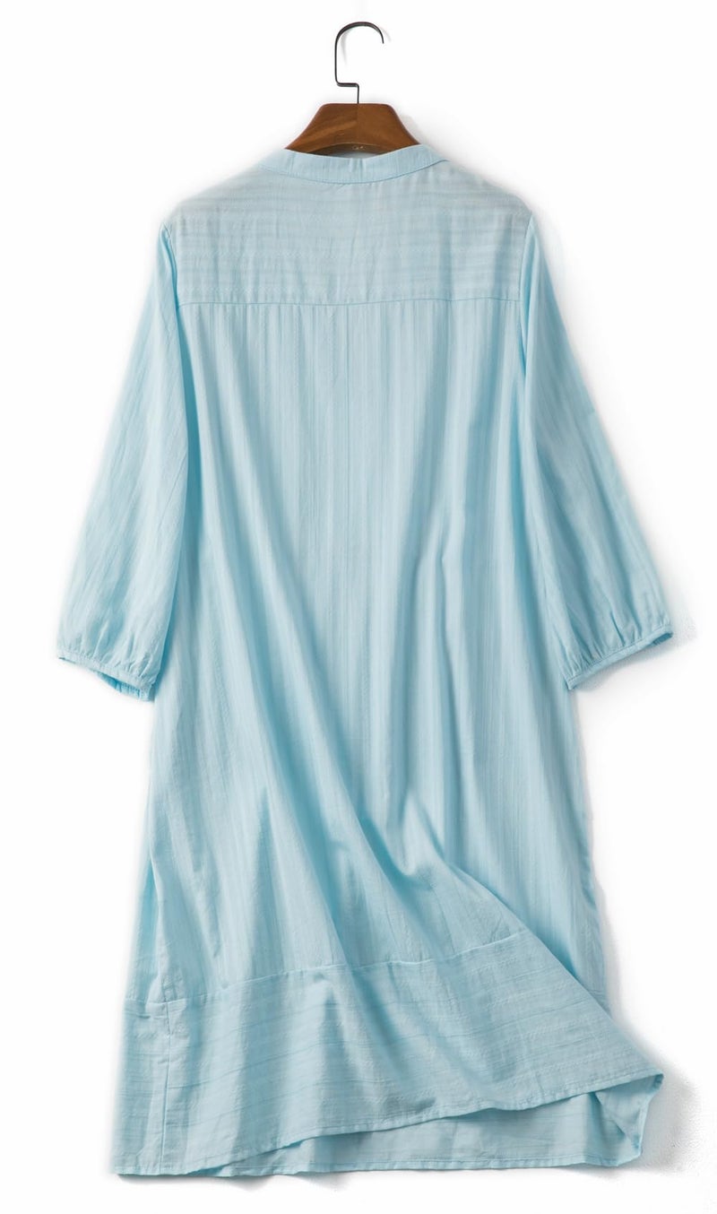 Lafural Womens V Neck Cotton Casual Loose Shift Tunic Smock Summer Dresses Vacation Dress 3/4 Sleeve Pocket Blue 2XL - Image 2