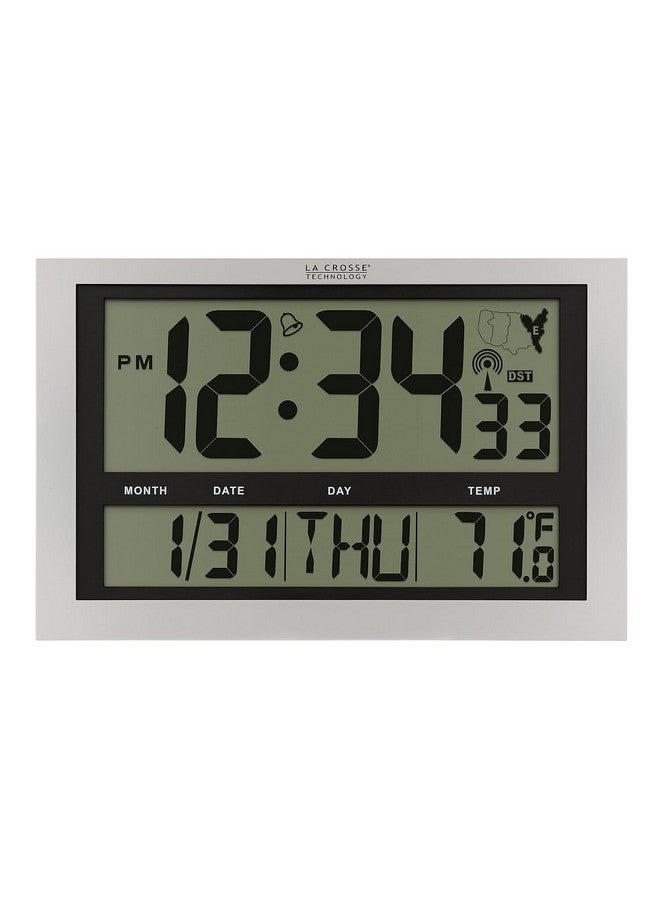 La Crosse Technology La Crosse Technology 513-1211 Atomic Wall Clock with Jumbo LCD Display with Indoor Temperature , Silver  - Image 1