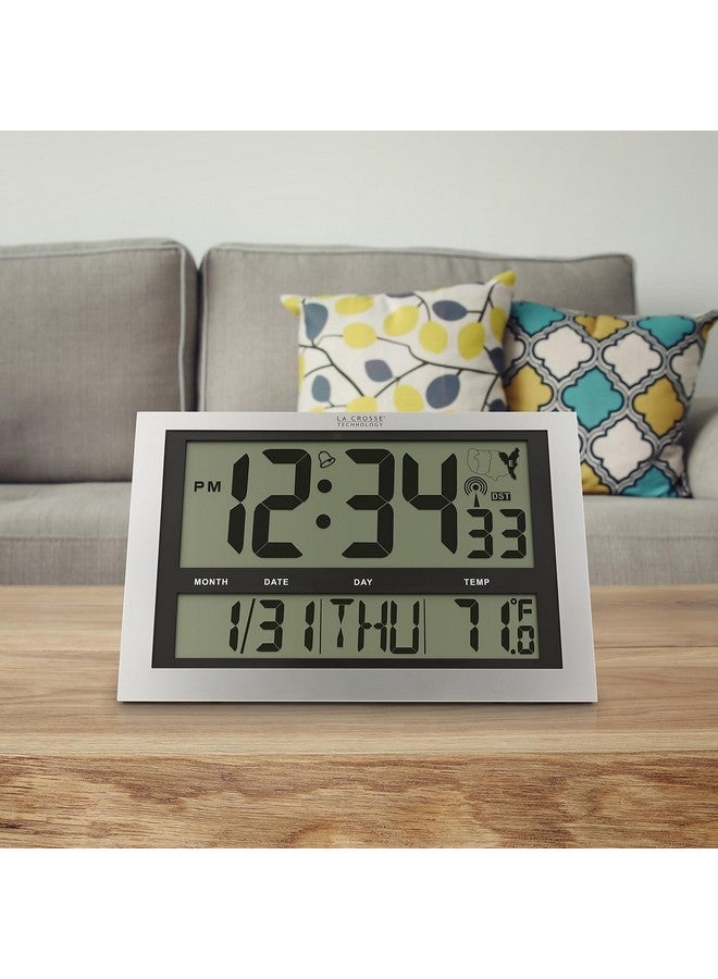 La Crosse Technology La Crosse Technology 513-1211 Atomic Wall Clock with Jumbo LCD Display with Indoor Temperature , Silver  - Image 3