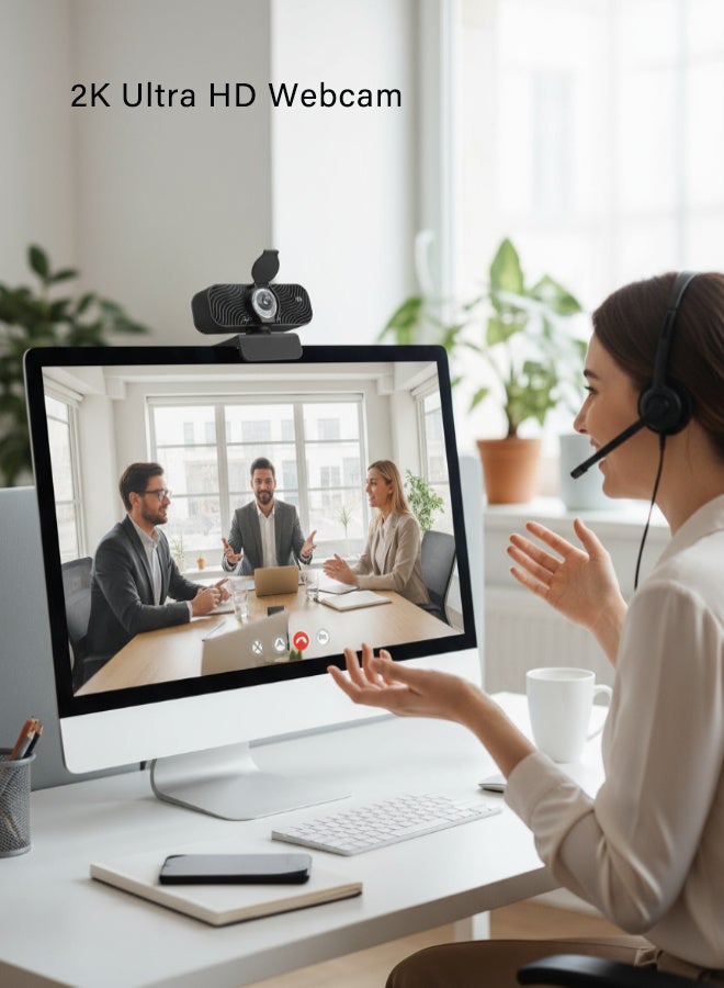 سوبر زي يوث كاميرا ويب لأجهزة الكمبيوتر المحمول، كاميرا ويب 2K USB مع ميكروفون للكمبيوتر الشخصي/سطح المكتب/مكالمات الفيديو/المؤتمرات بدقة عالية كاملة 1080 بكسل مع ميكروفون رقمي لتقليل الضوضاء - أسود - Image 2