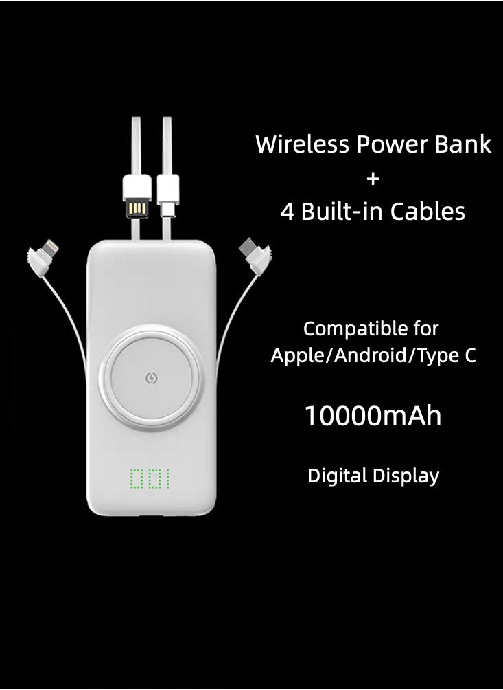 Recci Power Bank 10000 mAh Built-In 4 Cables USB-A Micro Lighting Type-C and Wireless Charging Portable Charger Battery Pack For iPhone 16 15 Series Galaxy S24 Ultra AirPods White  - Image 2