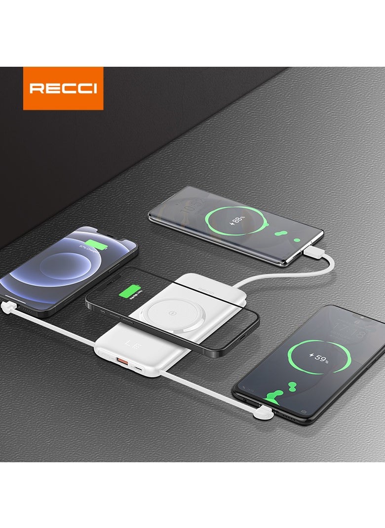 Recci Power Bank 10000 mAh Built-In 4 Cables USB-A Micro Lighting Type-C and Wireless Charging Portable Charger Battery Pack For iPhone 16 15 Series Galaxy S24 Ultra AirPods White  - Image 3