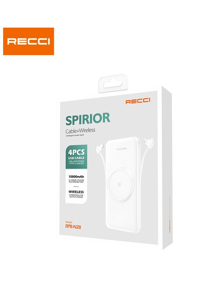 Recci Power Bank 10000 mAh Built-In 4 Cables USB-A Micro Lighting Type-C and Wireless Charging Portable Charger Battery Pack For iPhone 16 15 Series Galaxy S24 Ultra AirPods White  - Image 4