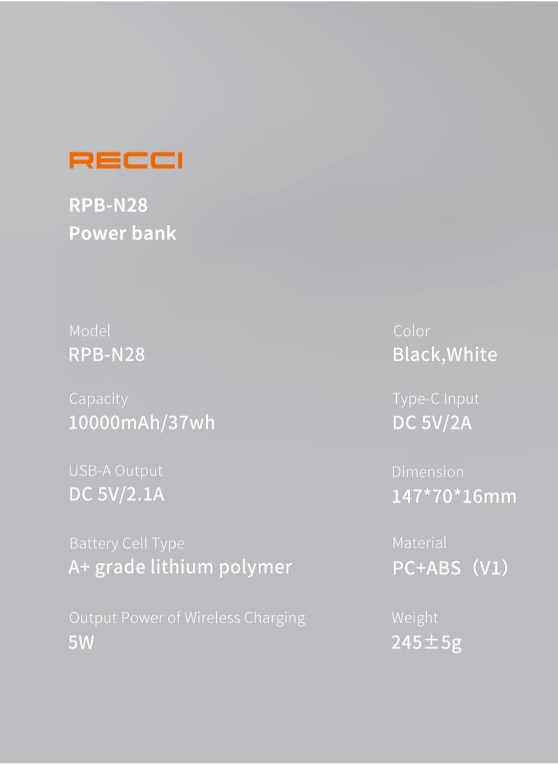 Recci Power Bank 10000 mAh Built-In 4 Cables USB-A Micro Lighting Type-C and Wireless Charging Portable Charger Battery Pack For iPhone 16 15 Series Galaxy S24 Ultra AirPods White  - Image 5