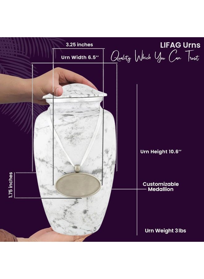 LIFAG White Cremation Urn for Ashes Adult Male & Female with Velvet Bag & Customizable Medallion | White Marble Finish Metal Urns for Human Ashes Adult Man | Large Burial & Funeral Urns Up to 220 lbs - Image 2