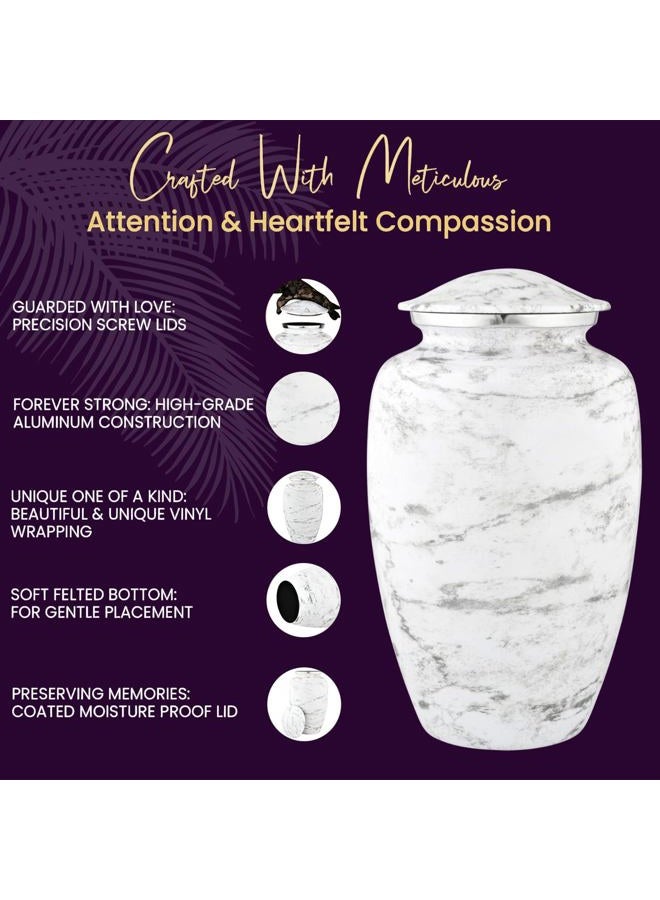 LIFAG White Cremation Urn for Ashes Adult Male & Female with Velvet Bag & Customizable Medallion | White Marble Finish Metal Urns for Human Ashes Adult Man | Large Burial & Funeral Urns Up to 220 lbs - Image 5