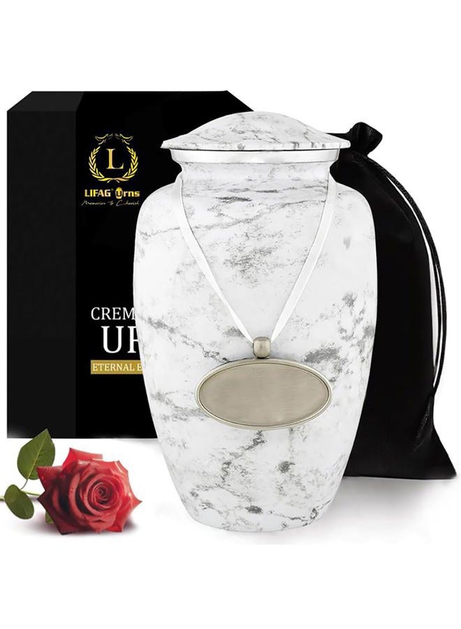 LIFAG White Cremation Urn for Ashes Adult Male & Female with Velvet Bag & Customizable Medallion | White Marble Finish Metal Urns for Human Ashes Adult Man | Large Burial & Funeral Urns Up to 220 lbs - Image 1