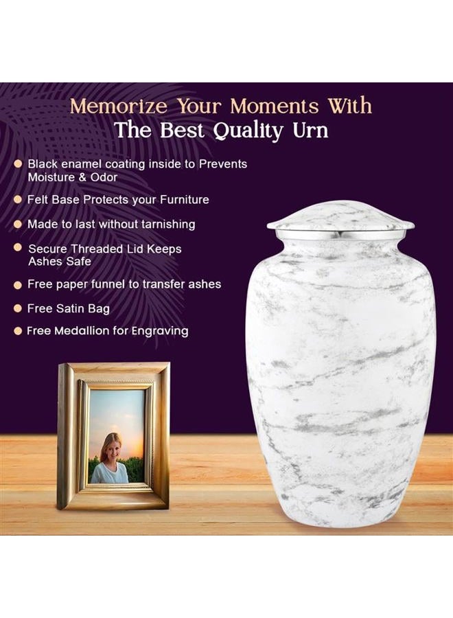 LIFAG White Cremation Urn for Ashes Adult Male & Female with Velvet Bag & Customizable Medallion | White Marble Finish Metal Urns for Human Ashes Adult Man | Large Burial & Funeral Urns Up to 220 lbs - Image 3