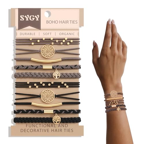 SYGY 10 PCS Boho Hair Ties - No-Damage, 5 Styles for Thick & Thin Hair, Cute Stretch Bracelets, Braided Ponytail Holders, Grey - Image 1
