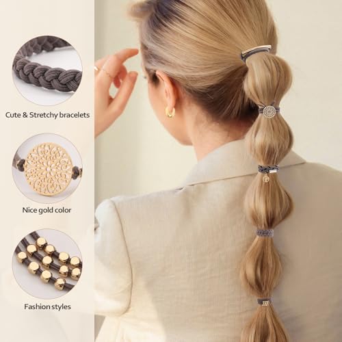 SYGY 10 PCS Boho Hair Ties - No-Damage, 5 Styles for Thick & Thin Hair, Cute Stretch Bracelets, Braided Ponytail Holders, Grey - Image 4