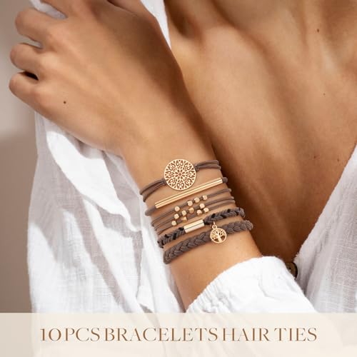 SYGY 10 PCS Boho Hair Ties - No-Damage, 5 Styles for Thick & Thin Hair, Cute Stretch Bracelets, Braided Ponytail Holders, Grey - Image 3