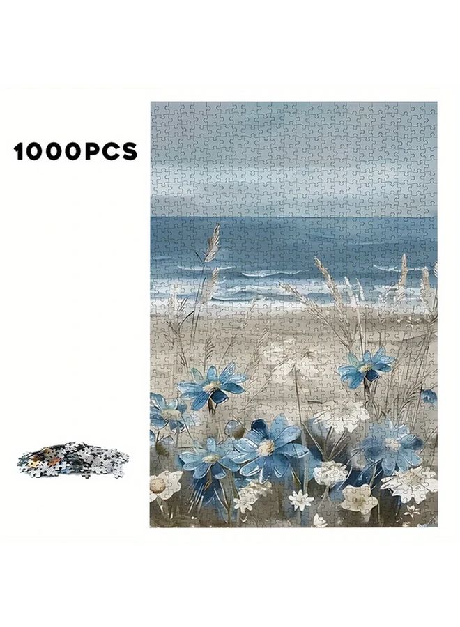 1000 Pcs Adult Jigsaw Puzzle Serene Beach Scene Blue Flowers Calm Ocean Educational Game - Image 3