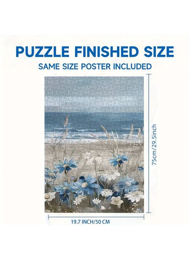 1000 Pcs Adult Jigsaw Puzzle Serene Beach Scene Blue Flowers Calm Ocean Educational Game - Image 4
