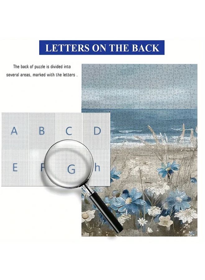 1000 Pcs Adult Jigsaw Puzzle Serene Beach Scene Blue Flowers Calm Ocean Educational Game - Image 5