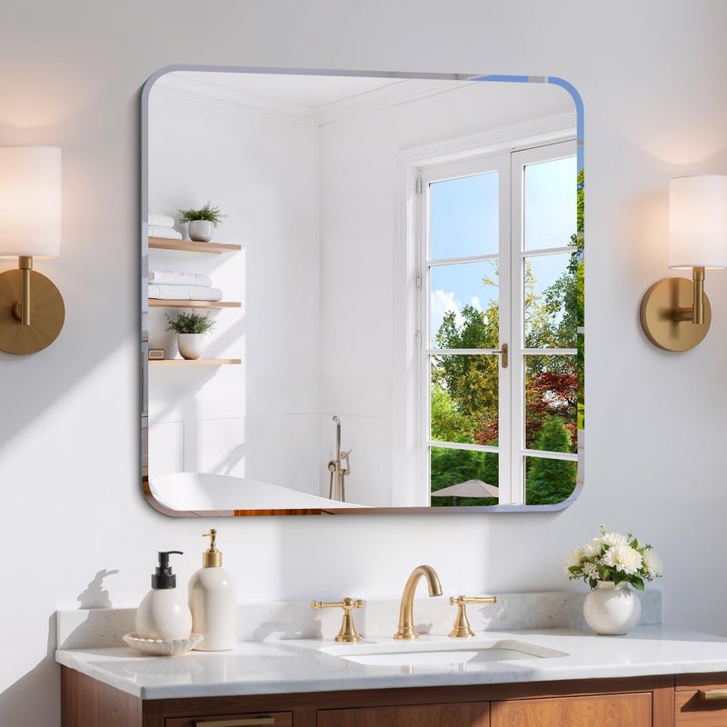 CILIBER Beveled Mirror, 30x30 Square Bathroom Mirror Rounded Corner, 3mm Tempered Glass, 18 inch Frameless Vanity Mirror with Beveled Edge for Bathroom, Bedroom, Living Room and Entryway - Image 1