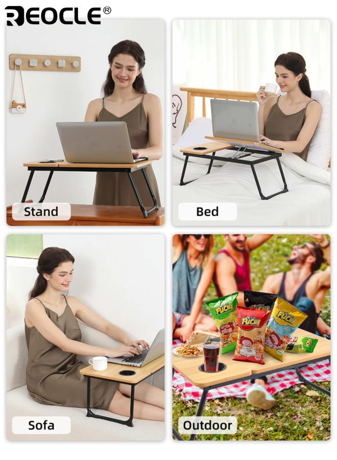 ريوكل طاولة سرير لابتوب قابلة للتعديل مع 5 أوضاع زوايا وحامل أكواب، طاولة lap محمولة بقاعدة مستقرة للاستخدام في الأكل أو العمل أو القراءة. - Image 4