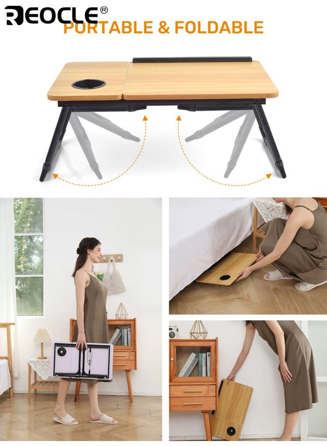 ريوكل طاولة سرير لابتوب قابلة للتعديل مع 5 أوضاع زوايا وحامل أكواب، طاولة lap محمولة بقاعدة مستقرة للاستخدام في الأكل أو العمل أو القراءة. - Image 3
