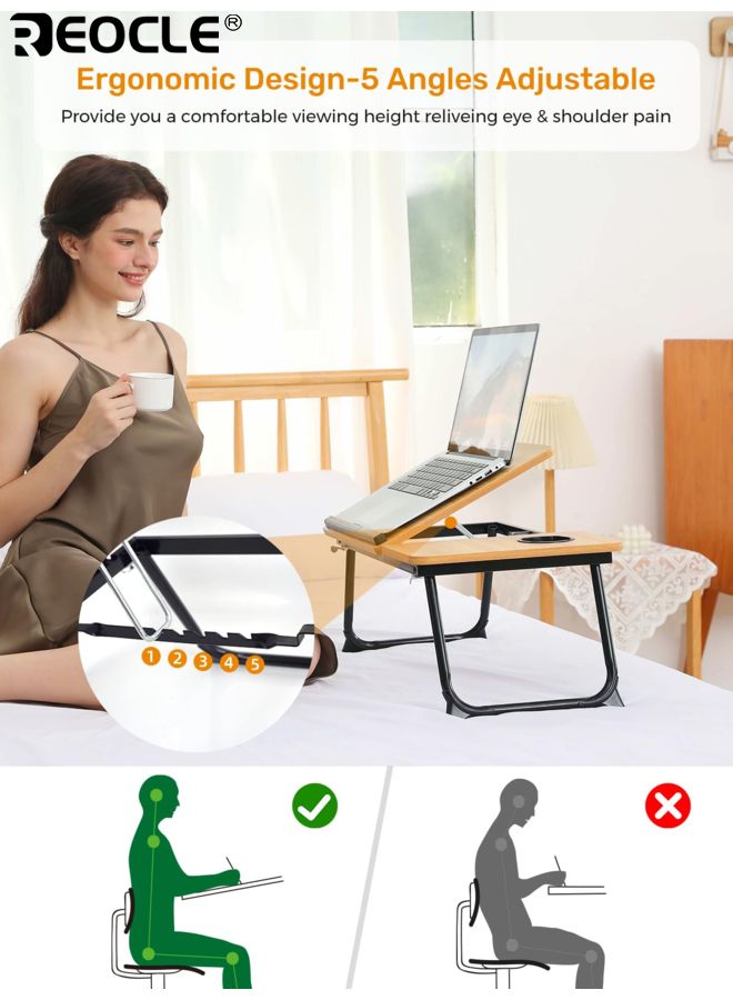 ريوكل طاولة سرير لابتوب قابلة للتعديل مع 5 أوضاع زوايا وحامل أكواب، طاولة lap محمولة بقاعدة مستقرة للاستخدام في الأكل أو العمل أو القراءة. - Image 2