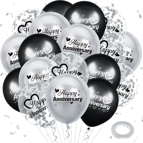 Woosytoo Happy Anniversary Balloons 18Pcs Black Silver Party Decorations for Women Men 12Inch Metallic Confetti Balloons for Indoor Outdoor Party Supplies - Image 1