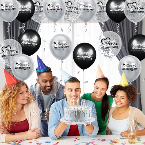 Woosytoo Happy Anniversary Balloons 18Pcs Black Silver Party Decorations for Women Men 12Inch Metallic Confetti Balloons for Indoor Outdoor Party Supplies - Image 5