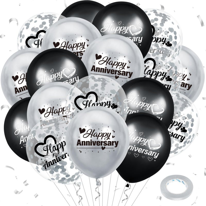 Woosytoo Happy Anniversary Balloons 18Pcs Black Silver Party Decorations for Women Men 12Inch Metallic Confetti Balloons for Indoor Outdoor Party Supplies - Image 3