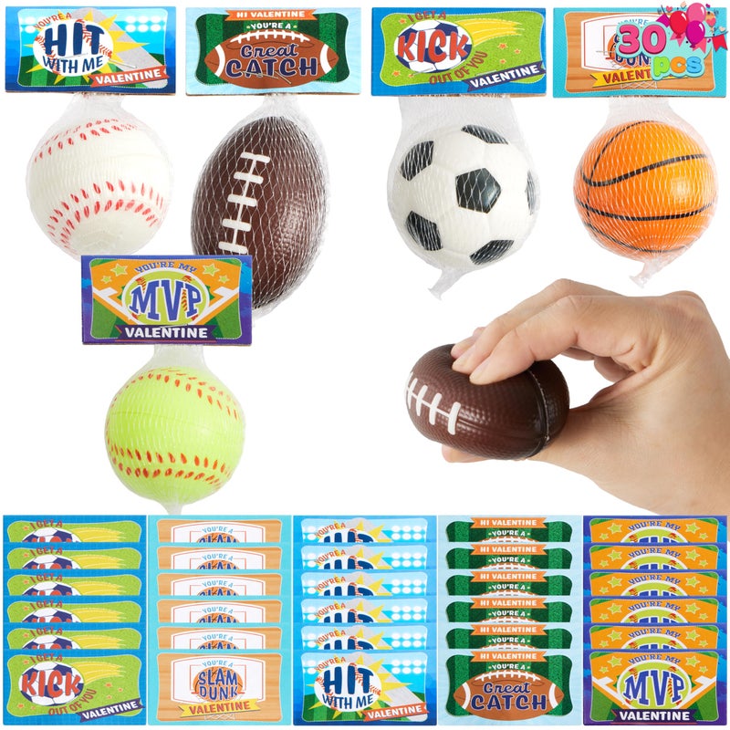 JOYIN 30 Pack Kids Valentines Day Gift Cards with Gift Mini Sports Ball Figure Stress Balls Squishy Toy Foam Balls for Classroom Exchange Prizes Stress Relief  Anxiety Relief Valentine Party Favor - Image 2