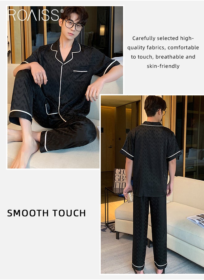 roaiss - Summer Houndstooth Jacquard Satin Men Short Sleeve Shirt Pants Shorts 3Pcs Homewear Sleepwear Casual Pajamas Set - Image 1