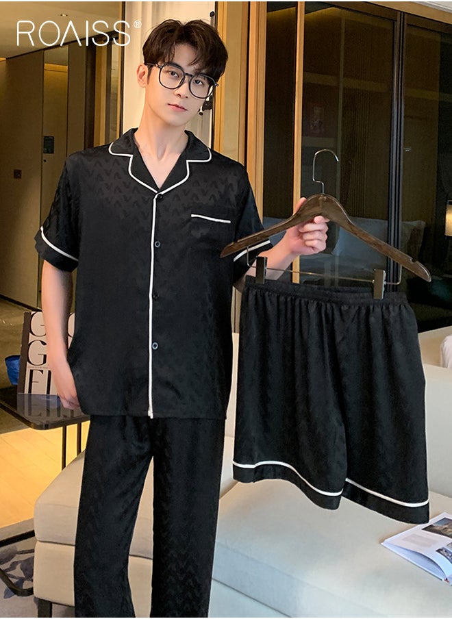 roaiss - Summer Houndstooth Jacquard Satin Men Short Sleeve Shirt Pants Shorts 3Pcs Homewear Sleepwear Casual Pajamas Set - Image 1
