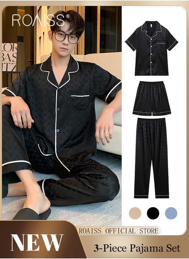 roaiss - Summer Houndstooth Jacquard Satin Men Short Sleeve Shirt Pants Shorts 3Pcs Homewear Sleepwear Casual Pajamas Set - Image 1