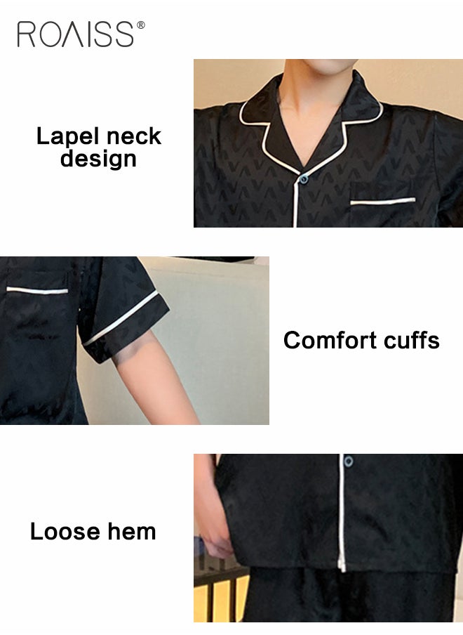 roaiss - Summer Houndstooth Jacquard Satin Men Short Sleeve Shirt Pants Shorts 3Pcs Homewear Sleepwear Casual Pajamas Set - Image 1